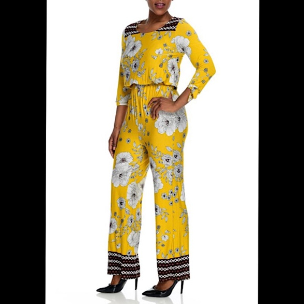 Kate & Mallory Yellow Floral Rayon Jumpsuit